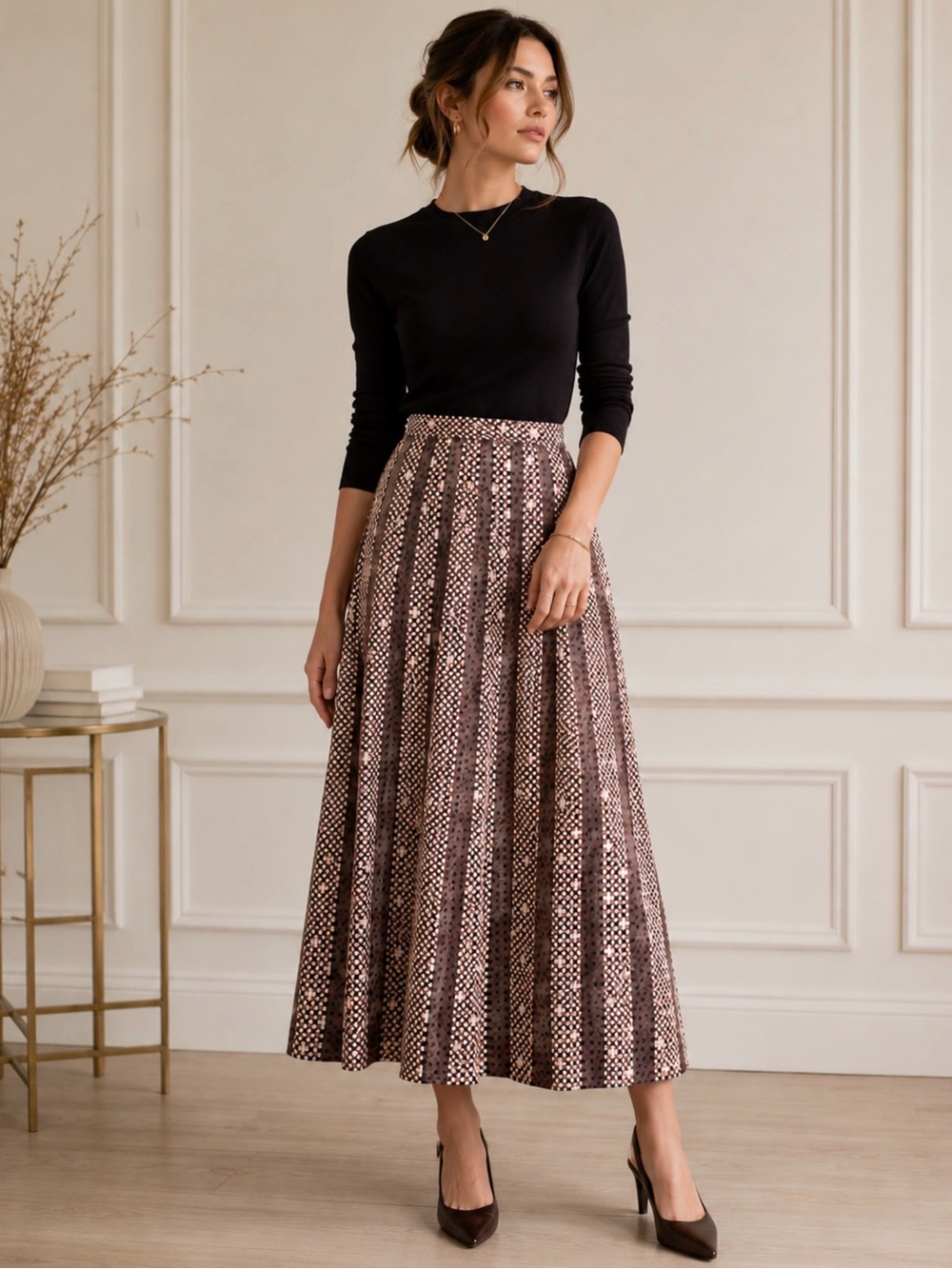 Tory Burch Pleated A-Line Maxi Skirt in Brown Pattern